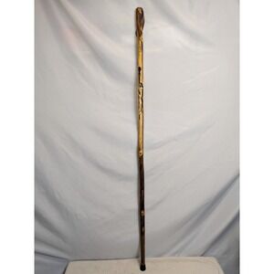 Navy Veteran Hand Carved Hiking Stick 57" Signed Wood Staff Folk Art Americana
